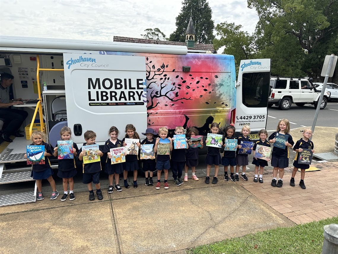 school children at the mobile library